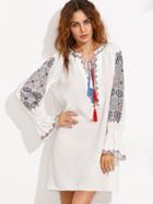 Shein Multicolor Print Lace Up Front Long Sleeve Shift Dress
