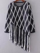 Shein Navy Diamond Pattern Fringe Hem Asymmetrical Sweater