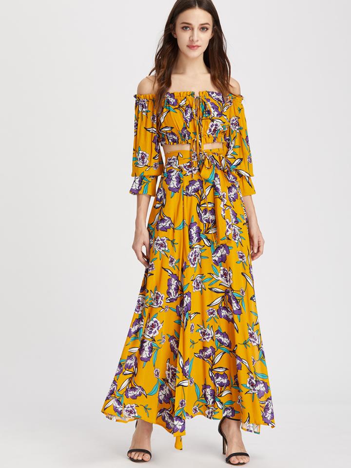 Shein Tie Front Crop Botanical Top And Slit Skirt Set