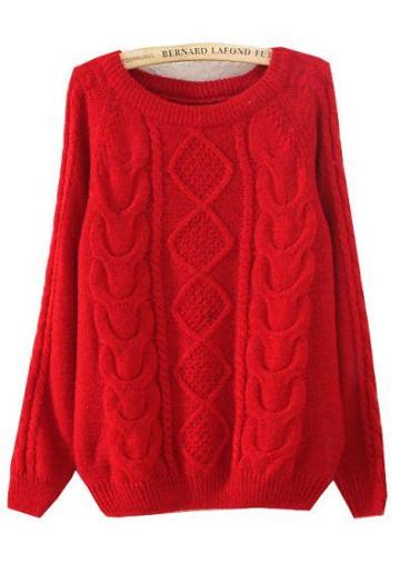 Shein Red Long Sleeve Diamond Patterned Knit Sweater