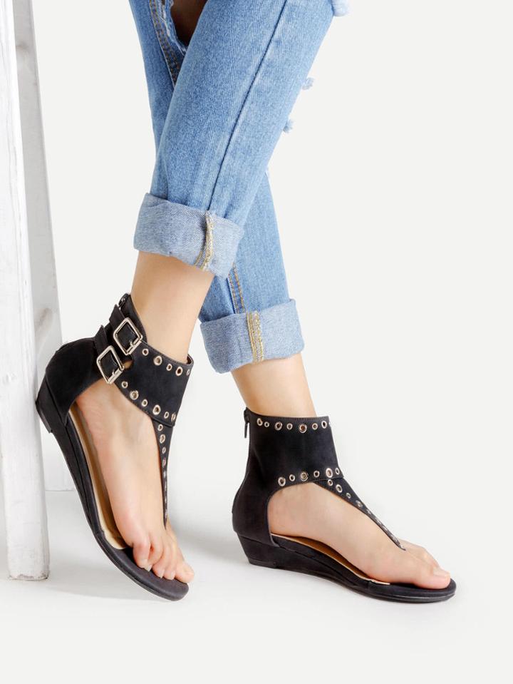 Shein Grommet Toe Post Sandals With Zipper Back
