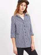 Shein Navy Gingham Sequin Letter Back Blouse