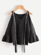 Shein Print Strap Detail Trumpet Sleeve Jumper