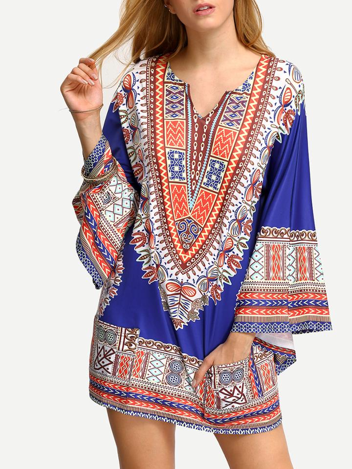 Shein Bell Sleeve Tribal Print Dress