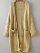 Shein Khaki Ribbed Trim Front Pocket Long Cardigan