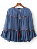 Shein Blue Ruffle Detail Tie Front Blouse