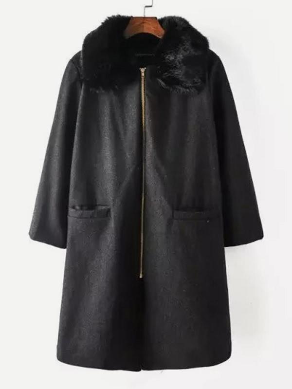 Shein Contrast Faux Fur Zipper Up Coat