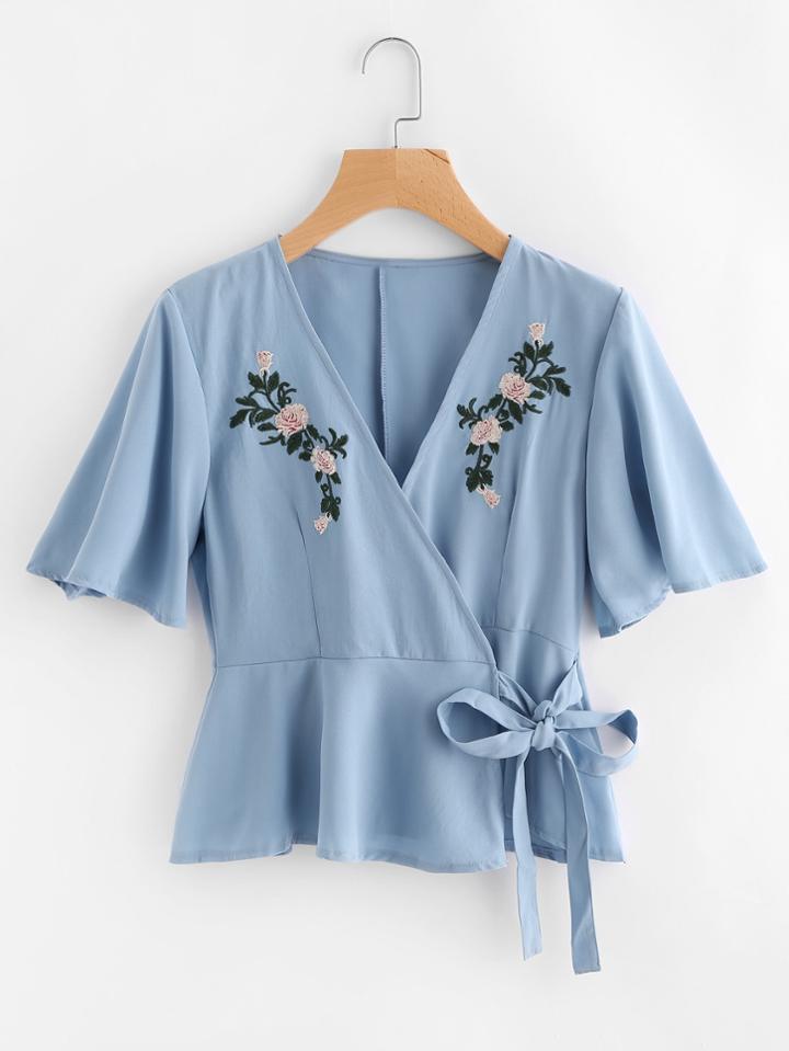 Shein Flower Blossom Embroidered Surplice Wrap Top