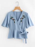 Shein Flower Blossom Embroidered Surplice Wrap Top