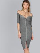Shein Grey Button Up Off The Shoulder Ribbed Dress