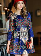 Shein Blue Round Neck Length Sleeve Print Dress