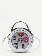 Shein White Studded Trim Patch Detail Round Crossbody Bag