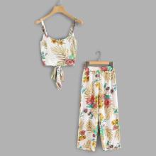 Shein Self Tie Cami Top & Floral Print Wide Leg Pants