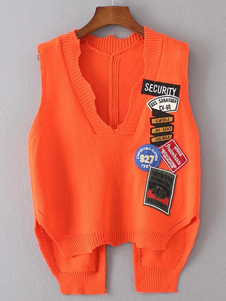 Shein Patch Embroidery Split Back High Low Sweater Vest