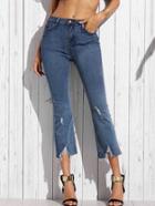Shein Blue Distressed Flared Ankle Jeans