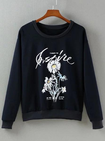 Shein Dark Blue Letters Flowers Print Pullover Sweatshirt