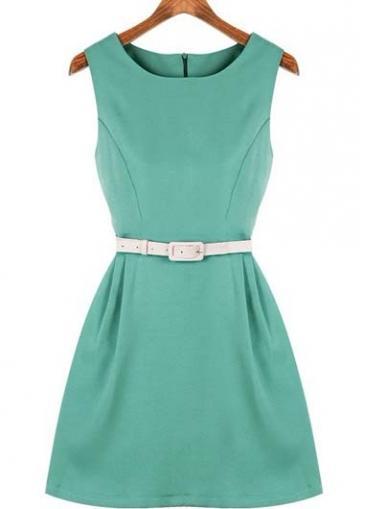 Rosewe Elegant Round Neck Short Sleeve A Line Dress Green