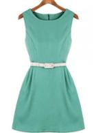 Rosewe Elegant Round Neck Short Sleeve A Line Dress Green