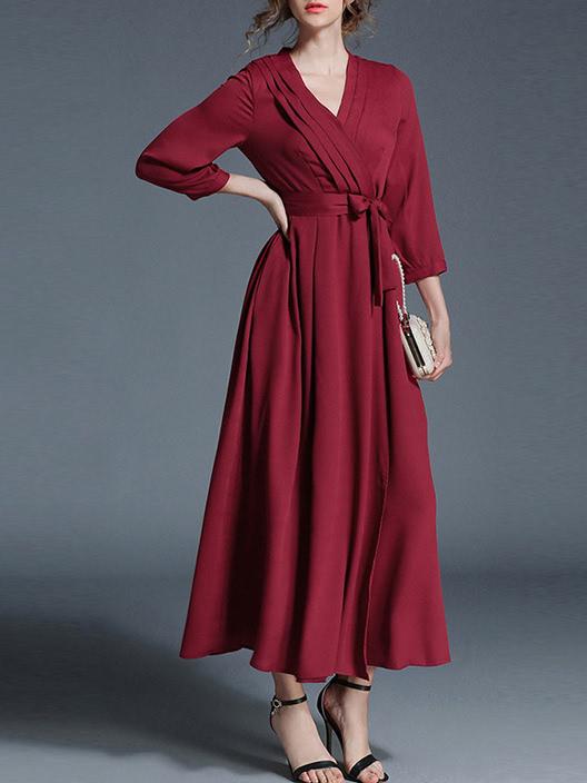 Shein V Neck Pleated Tie-waist Dress