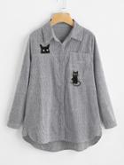 Shein Cat Embroidery Dolphin Hem Striped Blouse