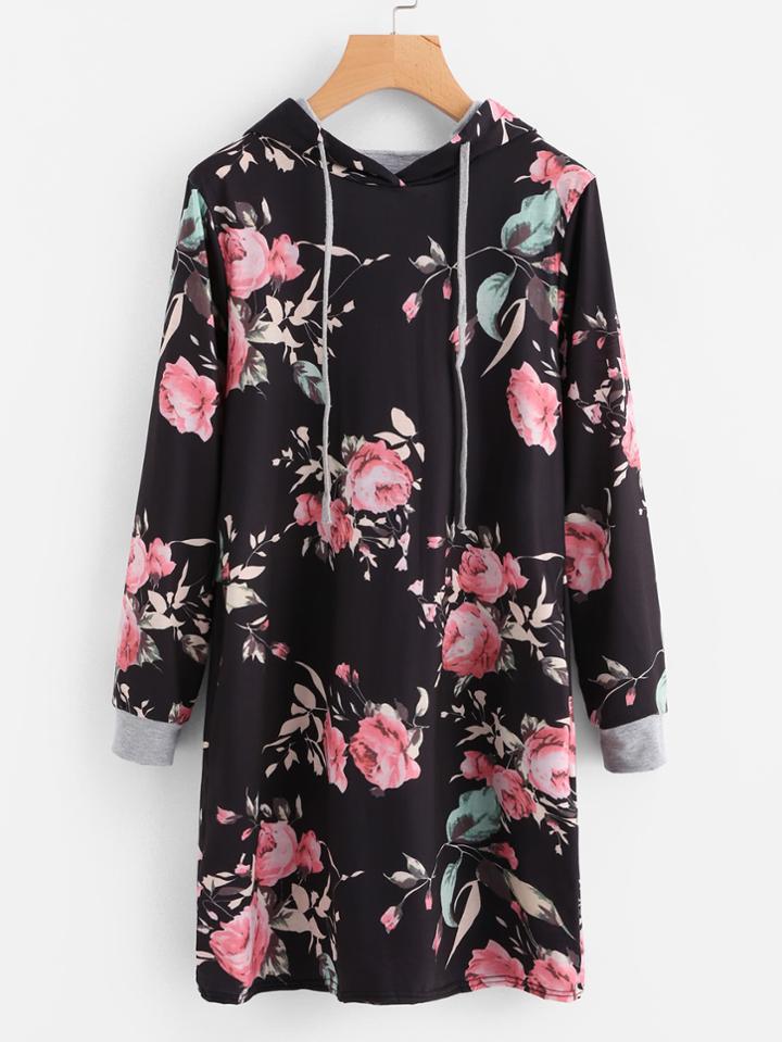 Shein Hooded Floral Print Sweatshirt Dress
