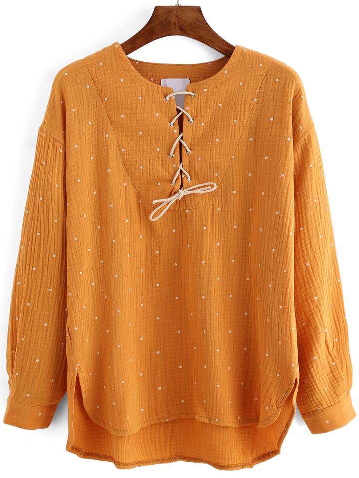 Shein Orange Long Sleeve Lace Up Polka Dot Blouse