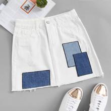 Shein Frayed Hem Patchwork Denim Skirt