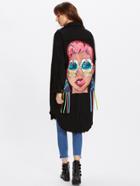Shein Graffiti Print Ribbons Back Dolphin Hem Coat