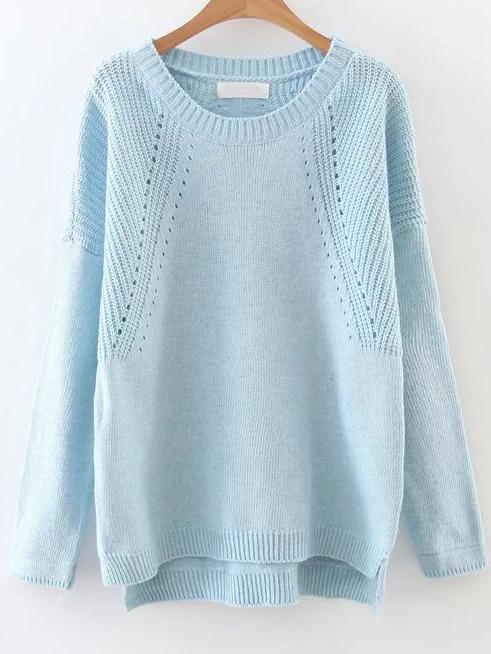 Shein Blue Hollow Out Drop Shoulder Dip Hem Sweater