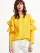 Shein Yellow Polka Dot Embossed Layered Ruffle Sleeve Blouse