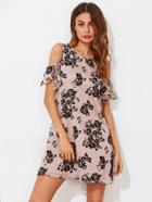 Shein Open Shoulder Ruffle Sleeve Flock Mesh Dress