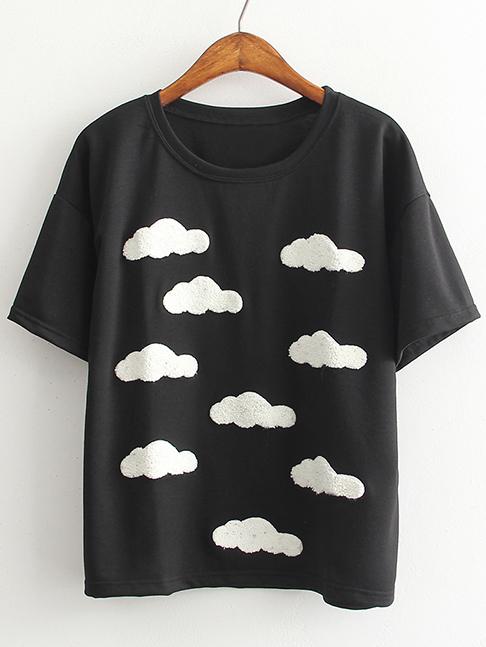 Shein Black Short Sleeve Clouds Casual T-shirt