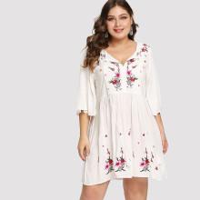 Shein Plus Tassel Tie Neck Flower Embroidered Smock Dress