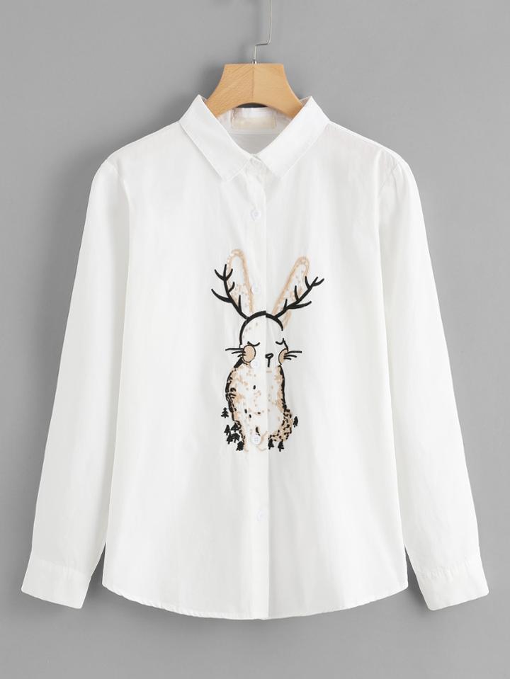Shein Rabbit Embroidery Button Up Blouse
