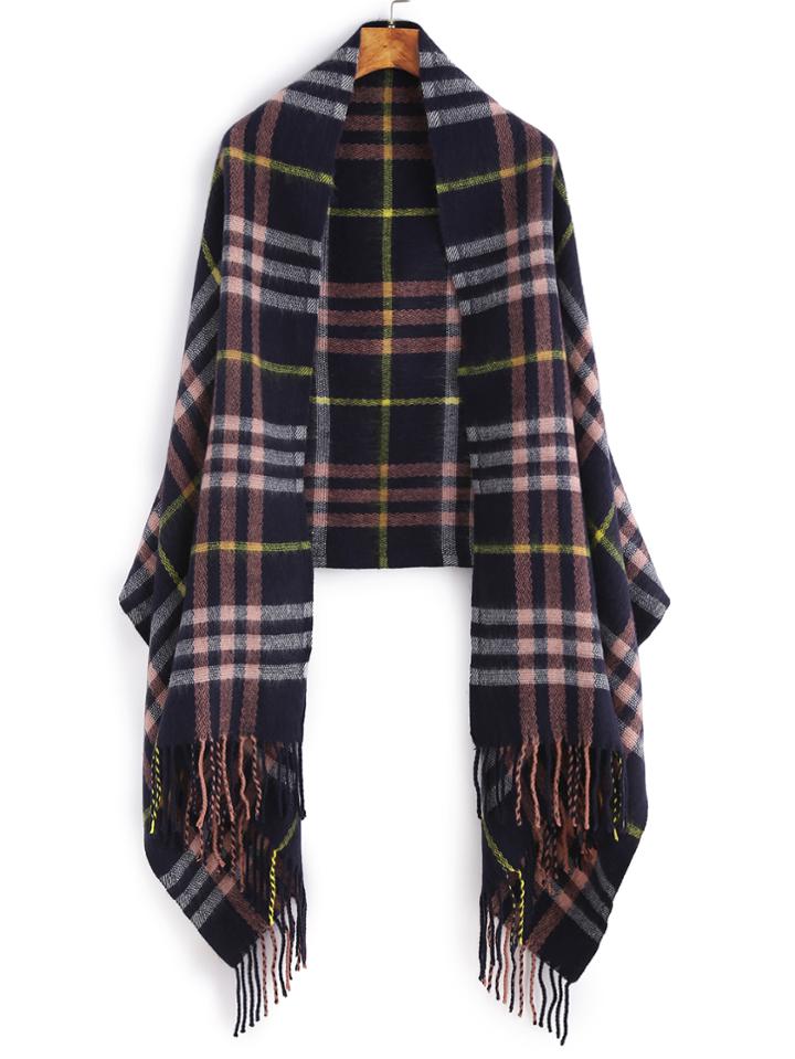 Shein Royal Blue Plaid Long Fringe Shawl Scarf