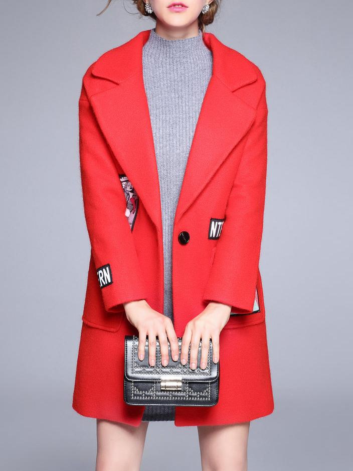 Shein Red Lapel Applique Pouf Pockets Coat