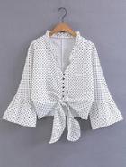 Shein Bell Sleeve Polka Dot Knot Front Blouse