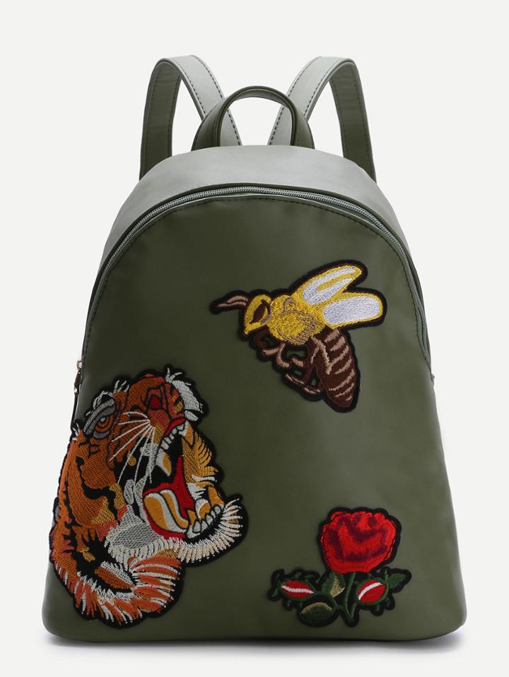 Shein Olive Green Animal Embroidered Pu Backpack