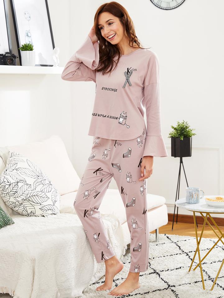 Shein Cartoon Print Dolphin Hem Tee & Pants Pj Set