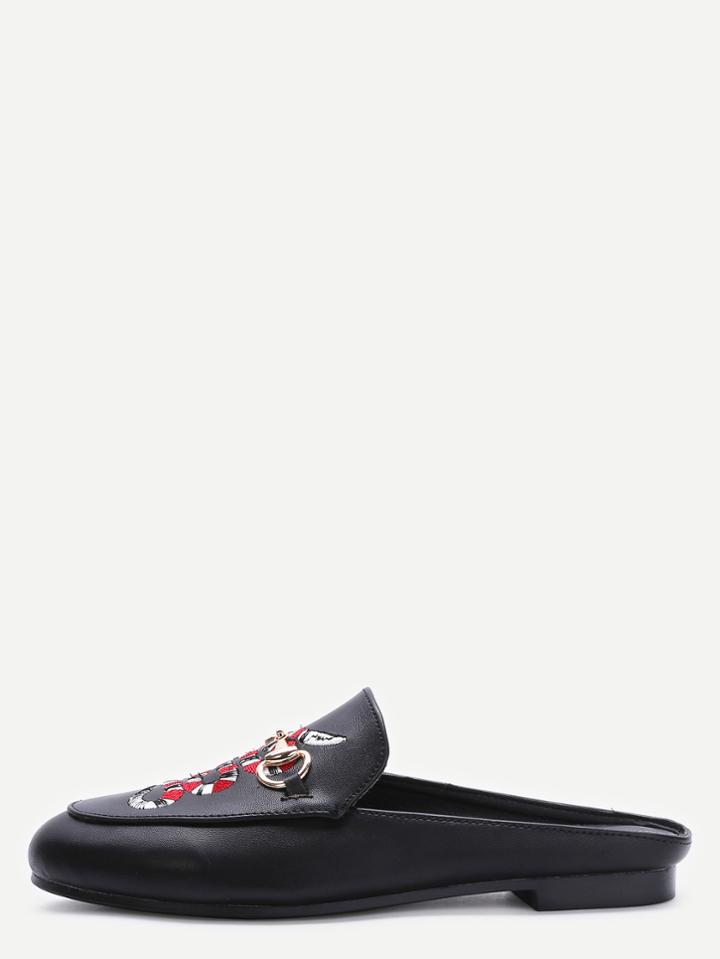 Shein Black Faux Leather Snake Embroidered Slip-on Shoes