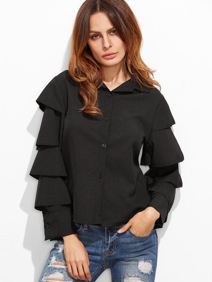 Shein Black Ruffle Tiered Sleeve Shirt