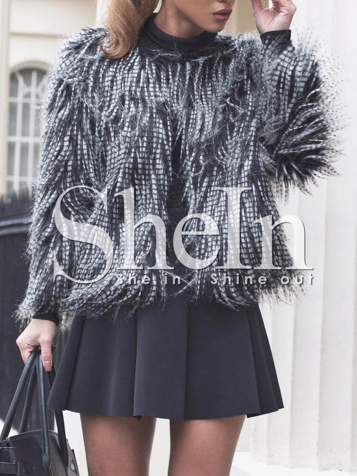 Shein Black White Long Sleeve Faux Fur Coat