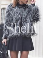 Shein Black White Long Sleeve Faux Fur Coat