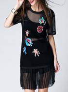 Shein Black Short Sleeve Contrast Gauze Embroidered Top With Skirt