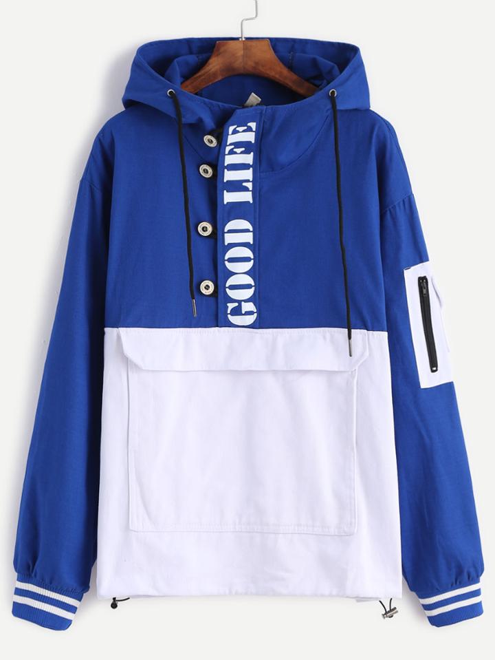 Shein Royal Blue Contrast Letters Print Pocket Hooded Sweatshirt