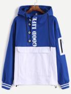 Shein Royal Blue Contrast Letters Print Pocket Hooded Sweatshirt