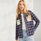 Shein Contrast Sequin Pocket Patched Plaid Shirt