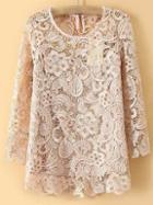 Shein Pink Keyhole Back Hollow Lace Blouse