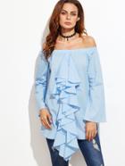 Shein Blue Ruffle Front Off The Shoulder Top