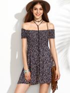 Shein Navy Floral Print Off The Shoulder Flare Dress
